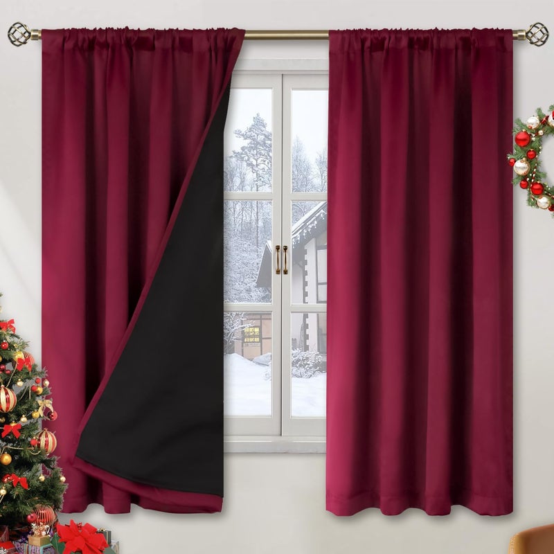 BGment Christmas Red 100% Blackout Curtains for Bedroom, Thermal Insulated Full Room Darkening Noise Reducing Thick Rod Pocket Curtains, 52 x 63 Inch, 2 Panels - Image 1